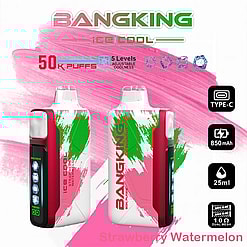 Promotional Image Of Bangking Ice Cool Strawberry Watermelon Vape Device Featuring A 50,000 Puffs Capacity, 5-Level Adjustable Coolness, 850Mah Battery, And A 25Ml Pod, Designed With A White And Red Body And Type-C Charging Support.
