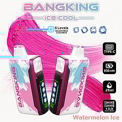 Promotional Image Of The Bangking Ice Cool Vape Device In Watermelon Ice Flavor, Showcasing Two Devices With Pink And White Color Accents, A Digital Display, And Various Features Such As 50K Puffs, Adjustable Coolness, An 850Mah Battery, And 25Ml Of E-Liquid Capacity.