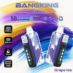 Promotional Image Of Bangking Grape Ice Vape Featuring Colorful Background, Device Specifications Like 50K Puffs, Adjustable Coolness Levels, Type-C Charging, And 850Mah Battery Capacity.