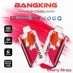 Promotional Image For Bangking Disposable Vape Device In Cherry Strazz Flavor, Showing Two Vapes With A Red And White Color Scheme, 50,000 Puffs Capacity, 850 Mah Battery, 25 Ml E-Liquid, Type-C Charging, And Adjustable Coolness Levels.