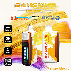Promotional Image For The Bangking Ice Cool Mango Magic Vape Device, Highlighting Features Such As 50K Puffs, 5 Adjustable Cooling Levels, 850Mah Battery, 25Ml Capacity, And Type-C Charging, With A Graphic Design In Orange, White, And Yellow.