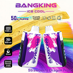 Promotional Image Of Bang King Ice Cool Vape Device Featuring Strawberry Dragon Fruit Flavor, Showcasing Its Specifications Like 850Mah Battery, 50K Puffs Capacity, 25Ml Liquid Volume, Adjustable Coolness Levels, And Type-C Charging Port Against A Colorful Background.