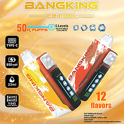 Advertisement featuring two bang king ice cool 50000 electronic vaping devices with a Type-C rechargeable battery, 850mAh capacity, and 25ml e-liquid storage, offering 12 flavors and 5 adjustable cooling levels against a golden background.