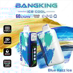 Promotional Image For Bangking Ice Cool Blue Razz Ice Vape Device, Showing Its Design And Features Including 60,000 Puffs Capacity, 25Ml Tank, And Type-C Charging, Set Against A Colorful Background.