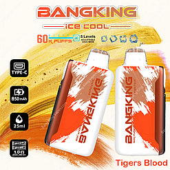 Two Bangking Disposable Vaping Devices Are Displayed With A White And Red Design Labeled 'Tiger's Blood,' Alongside Highlighted Features Including A Type-C Charging Port, 850Mah Battery, 60,000 Puffs Capacity, 25Ml Liquid Volume, And Adjustable Coolness Levels.