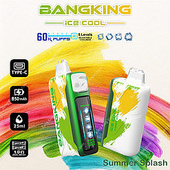 Advertisement For Bangking 'Ice Cool' Vape Device Featuring Colorful Packaging, Adjustable Cooling, 60,000 Puffs Capacity, 25Ml E-Liquid, 850Mah Battery, And Type-C Charging.
