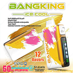 A Promotional Image For Bangking Ice Cool Vape, Featuring A Colorful Device Design Promoting 12 Flavors, 60,000 Puffs, Rechargeable With Usb Type C, And Adjustable Cooling Levels.
