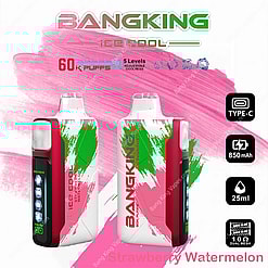 Product Image Of The Bangking Ice Cool Disposable Vape Device In Strawberry Watermelon Flavor, With 60,000 Puff Capacity, Adjustable Coolness, 850Mah Battery, And 25Ml E-Liquid Shown On A Colorful Pink And Green Background.