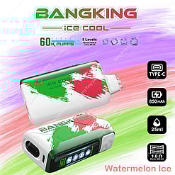 Advertisement For The Bangking Ice Cool Vape Device Featuring A Watermelon Ice Flavor, Incorporating A Colorful Design Resembling Watermelon Colors, Highlighting Specifications Such As 60,000 Puffs, Adjustable Coolness, 850Mah Battery, And 25Ml Capacity.