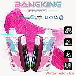 Product Advertisement Featuring Two Bangking Ice Cool Disposable Vape Devices In A Pink And White Design With A Watermelon Ice Flavor Theme.