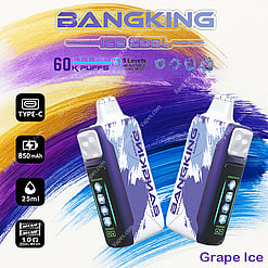 Bangking Ice Cool Vaping Device In Grape Ice Flavor, Featuring A Sleek Design, Purple And White Accents, Adjustable Coolness Levels, 850Mah Battery, And 25Ml Capacity.