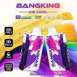 Bangking Disposable Vape Device With A Strawberry Dragon Fruit Flavor Design, Featuring A White And Purple Body, Highlighted By Key Specifications Like 60,000 Puffs And 850Mah Battery Capacity On A Colorful Background.