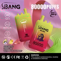 Werbeposter Für S.bang Vape Mit 80.000 Zügen, Zeigt Produkte In Gelb-Rotem Farbverlauf Mit Funktionen Wie USB-C, Dual-Mesh Und Dreifachem Aroma Avocado Ice, Lemon Lime Und Watermelon Raspberry.