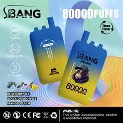Werbung für das S.bang Bang Leader Vape-Gerät mit 80000 Zügen, Type-C-Ladeanschluss, Dual Mesh-Technologie und Geschmacksrichtungen Blueberry Ice, Black Dragon Ice und Mango Peach.