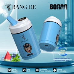 Promotional Image Of A Bang De Branded Vape Device With A Blue Cylindrical Design, Featuring 60,000 Puffs, Three Flavor Options, And Indicators For Power And Oil Levels.