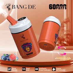 An Advertisement Image For The Bang De Vaping Device, Showcasing Its Orange-Colored Cylindrical Design, Features, And Branding, With Text Indicating 60,000 Puffs And Flavors Such As Blueberry Ice And Peach Ice.
