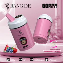 Pink Vaping Devices Labeled Bang De With A Caricature Of A Gorilla Wearing Sunglasses, Promoting Features Like Three Flavors (Watermelon, Blueberry, Cherry), Dual Coil, Intelligent Power Indicator, And 60,000 Puffs Capacity.