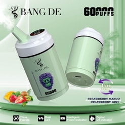 Two Cylindrical Vaping Devices Labeled 'Bang De' With A Gorilla Image And Flavor Options Including Strawberry Mango And Strawberry Kiwi, Featuring 60,000 Puffs And Technological Features Like Dual Coil And Digital Oil Indicator.