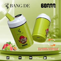Promotional Image Of Bang De Vape Device With Green Body, Featuring Dual Coils And Digital Oil Indicator, Offering Flavors Like Strawberry Watermelon And Kiwi Passion Fruit Guava, Highlighted By Its 60,000 Puff Capacity.