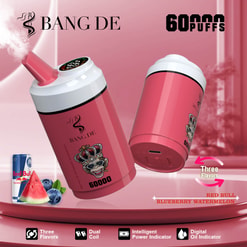 Marketing Image Of Bang De Vaping Device Showcasing Its Pink Cylindrical Design, Flavor Options Including Red Bull, Blueberry, And Watermelon, With Specifications Like 60,000 Puffs, Dual Coil System, Intelligent Power Indicator, And Digital Oil Indicator Against A Red Background.