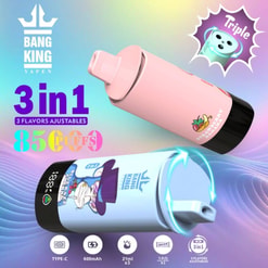 Werbung mit dem Bang King Vapen 3-in-1-Vape-Gerät, dargestellt in rosa und blauen Varianten, mit Funktionen wie 8500 Zügen und drei einstellbaren Geschmacksrichtungen.