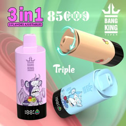 Promotional Image Featuring Bang King Vaping Devices In Various Pastel Colors, With 3-In-1 Adjustable Flavors Labeled At The Top And Graphics Emphasizing 8,500 Puffs.