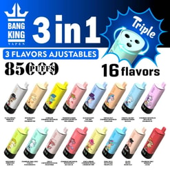 Advertisement Displaying Bang King Vapes Featuring 3-In-1 Adjustable Flavors, Available In 16 Options Offering Up To 8500 Puffs, With Cartoon-Themed Designs On Different Colored Vape Units.
