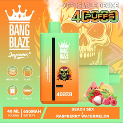 Werbung für das Einweg-Vaping-Gerät Bang Blaze mit leuchtend orange-grünem Hintergrund, Betonung auf 4.000 Zügen, Himbeer-Wassermelonen-Geschmack und Produktspezifikationen wie 40 ml Fassungsvermögen und 650-mAh-Akku.