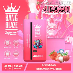 Werbebild für das Bang Blaze Joycome Einweg-Vape-Gerät in Pink mit 40 ml E-Liquid-Volumen, 650-mAh-Akku und Geschmacksrichtungen wie Lychee-Eis und Erdbeer-Lychee.