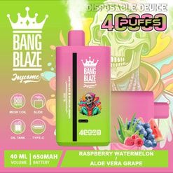 Werbebild, das ein Bang Blaze Joycome-Einweg-Vape-Gerät in Pink und Grün zeigt, mit Geschmacksoptionen wie Himbeer-Wassermelone und Aloe Vera-Traube, mit zusätzlichen Symbolen und Spezifikationen wie 40 ml Volumen und 650 mAh-Akku.