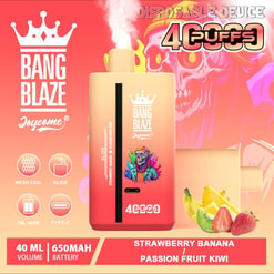 Werbebild für das Einweg-Vape-Gerät Bang Blaze mit einem auffälligen Design und Fruchtaromen wie Erdbeer-Banane und Passionsfrucht-Kiwi sowie Gerätespezifikationen wie 650-mAh-Akku und 40 ml Volumen.