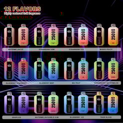 Bang 25000 En skärm som visar tolv färgglada vape-enheter, var och en märkt med ett unikt fruktsmaksatt alternativ, såsom vattenmelonis och mangopersika, arrangerade mot en livfull bakgrund.