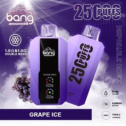 Kampanjgrafik för bang engångsvap i druvis smak, som belyser 2500 puffar, 30 ml e-vätska kapacitet, 650 mAh batteri och typ-C-laddning.