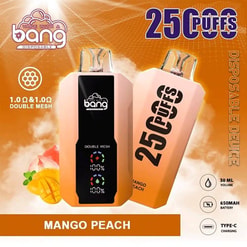 Kampanjbild av en mango persika-smaksatt engångsvapen-enhet med 2500 puffar, som visar produktfunktioner som dubbelmaskspolar, ett 650 mAh-batteri och typ-C-laddning, mot en orange bakgrund med mango och persikasualer.