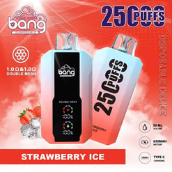 Styliserad reklambild av en bang engångsvapen -enhet i jordgubbsissmaken som visar enhetens funktioner och kapacitet på 25000 puffar.
