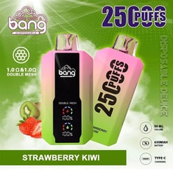 Kampanjbild av en bang engångsvape-enhet med en jordgubbskiwi-smak, 2500 puffarskapacitet, 1,0Ω dubbelnät, 30 ml volym, 650 mAh batteri och typ-C-laddning, inställd mot en grön bakgrund med jordgubbar och kiwis.