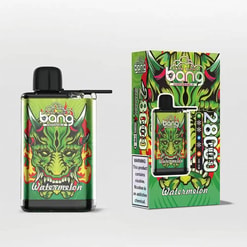 A Vibrant Packaging And Device For The Bang Disposable Vape In Watermelon Flavor, Featuring A Green Dragon Illustration With Flames And Text Warnings About Nicotine On The Box.