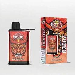 A Red-Themed Vape Device And Packaging Featuring A Stylized Demon Face Graphic, Labeled