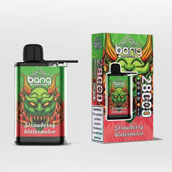 A Disposable Vape Device And Its Packaging Featuring The Label 'Bang' And A Strawberry Watermelon Flavor Description, Along With A Green Demon Illustration And Product Health Warning Labels.