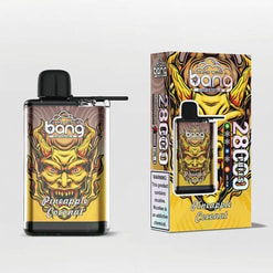 Packaging And Disposable Vape Device For Bang's Pineapple Coconut Flavor, Featuring Yellow And Orange Fire-Themed Graphics With A Bold Demonic Figure Design.