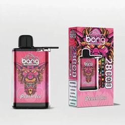 Disposable Vaping Device And Packaging Featuring Vibrant Pink And Yellow Monster Artwork, Marked As 'Peach Ice' Flavor With Warning That It Contains Nicotine.
