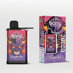 A Vape Device And Its Packaging With Colorful Artwork Featuring A Demon Graphic And The Flavor Name 'Grape Ice', Along With Warnings Regarding Nicotine Content.