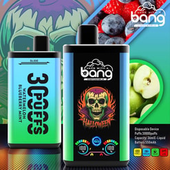 Promotional Image Of Two Vape Devices Branded 'Bang Disposable,' Featuring A Halloween-Themed Design And Offering A Variety Of Puffs And E-Liquid Capacities, Accompanied By Images Of Fruits Like Blueberries And Apples.
