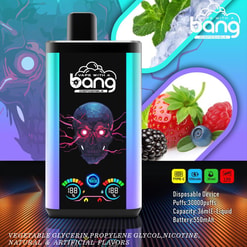 Colorful Advertisement For A Vape With A Bang Disposable Vaping Device, Featuring A Neon Skull Design And Illustrations Of Berries, Mint, And Icy Flavors.
