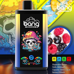 Promotional Image Of A Disposable Vape Device With A Colorful Design, Including A Skull Under A Mushroom Cap. Displays Product Specifications Such As 30,000 Puffs, 36Ml E-Liquid, And A 550Mah Battery Alongside Vibrant Images Of Berries And Popsicle Textures.