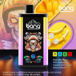 A Vibrant Promotional Image Showcasing A 'Bang' Disposable Vape Device, Labeled 'Fire Devil,' With Detailed Specifications Including 30,000 Puffs, 36Ml Liquid Capacity, And A 550Mah Battery. The Background Includes Imagery Of Bananas, Mango Chunks, And Ice Cubes, Suggesting A Fruity, Cool Flavor Profile.