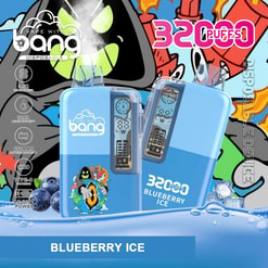 A Promotional Image For The 'Bang Disposable Vape' In The Blueberry Ice Flavor, Showcasing A Blue Vape Device With Digital Features, A Cartoon Ice And Fire-Themed Mascot, And Details Such As '3200 Puffs', '32Ml Liquid Capacity', And 'Type-C Charging'.