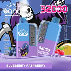 Advertisement Featuring A Disposable Vape Device Labeled 'Vape With A Bang' In A Blueberry Raspberry Flavor, Showcasing Its 3200 Puff Capacity And Technical Features Against A Colorful Backdrop With A Skeleton Graphic.