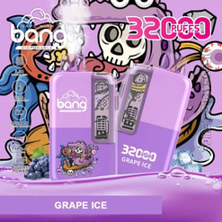 A Promotional Image For Bang's Disposable Vape In The Grape Ice Flavor, Featuring A Purple Device Design With Cartoon Graphics, Highlighting 3200 Puffs Claim And Specifications Like 32Ml Liquid Capacity And 650Mah Battery.