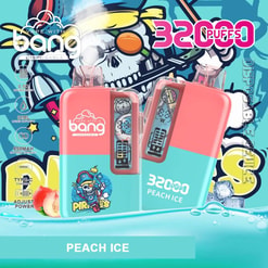 Image Showing Bang 32000 Disposable Vape With A Peach Ice Flavor, Featuring A Vibrant Design, Pirate Theme, Technical Features, And Colorful Branding.